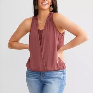 Buckle Black Surplice tank top Womens XS sleeveless blouse pink rose layered